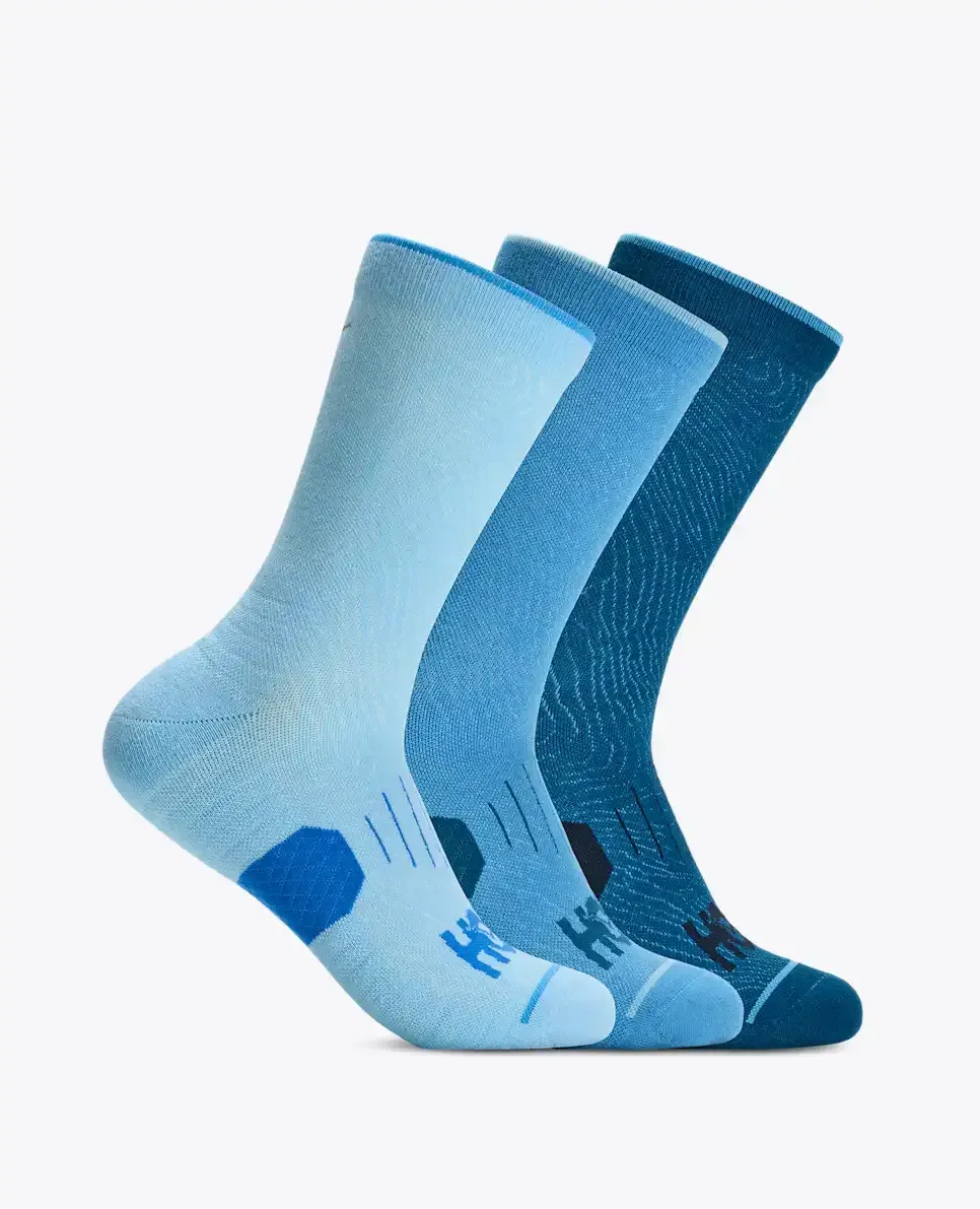 HOKA Crew Run Sock 3-Pack Hazy Blue/Soft Cobalt/Night Glw Blue - Men's HOKA Exclusives - front view