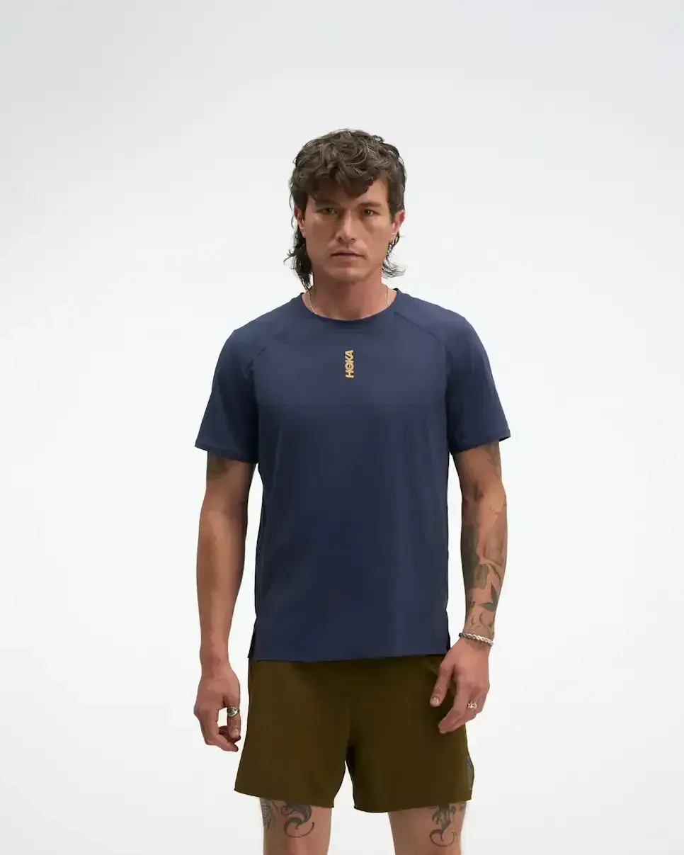 HOKA EveryRun Short Sleeve Varsity Navy Gold - Men's New Arrivals - front view